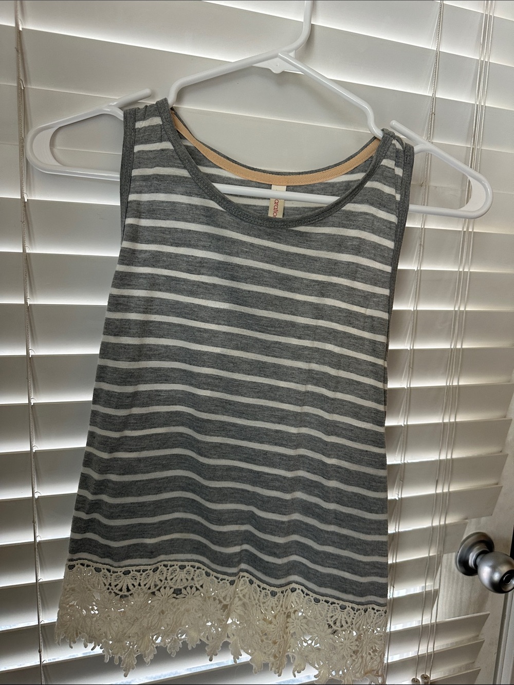 Striped Gray & White Tank Top with Lace Hem